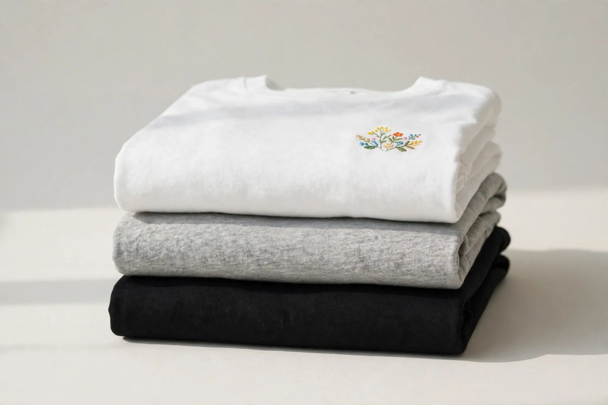 Folded custom t-shirts in black, white, and gray