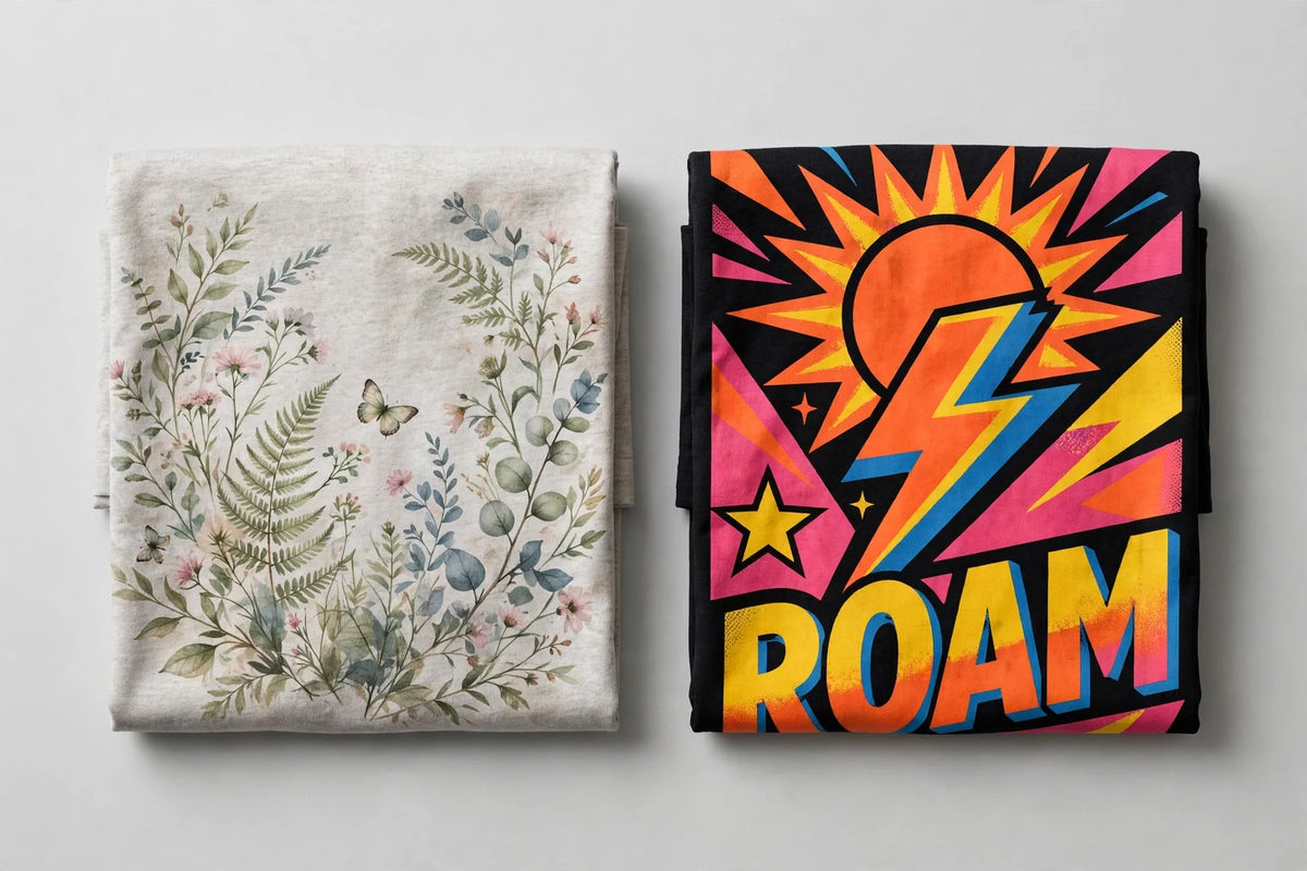 Two folded printed t-shirts showing a soft detailed print and a bold vibrant print