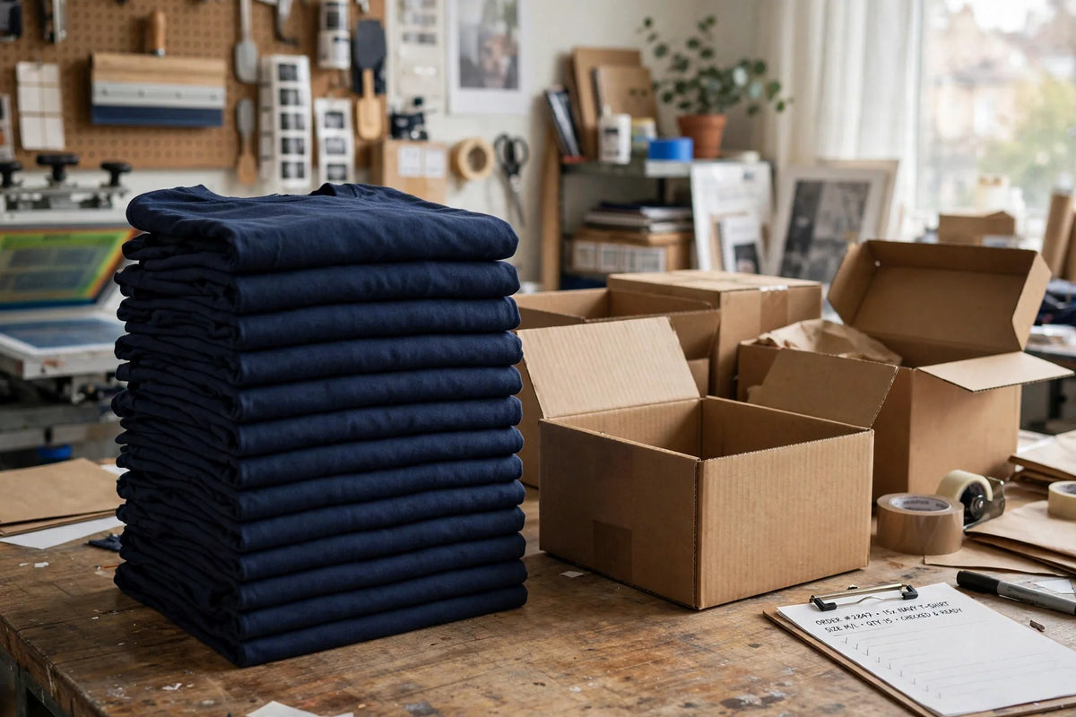Stack of folded navy t-shirts beside open shipping boxes