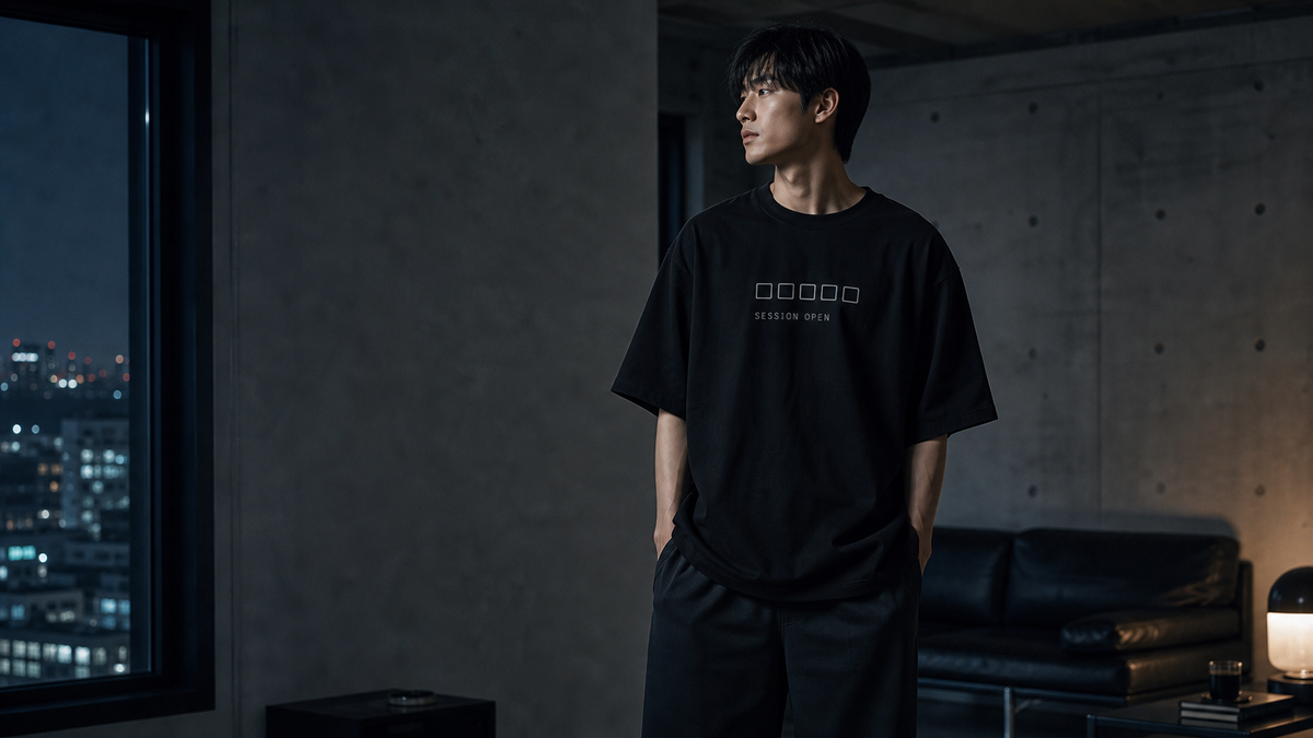 Model wearing an oversized black THREADMATES Studio graphic tee in a cinematic night apartment