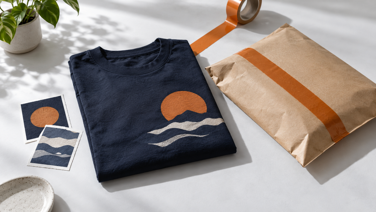 Folded navy printed tee beside a packed mailer and print proofs on a studio table