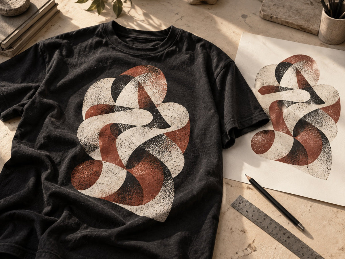 Editorial concept: a charcoal graphic tee beside its matching ivory-and-rust artwork proof, ruler and pencil.