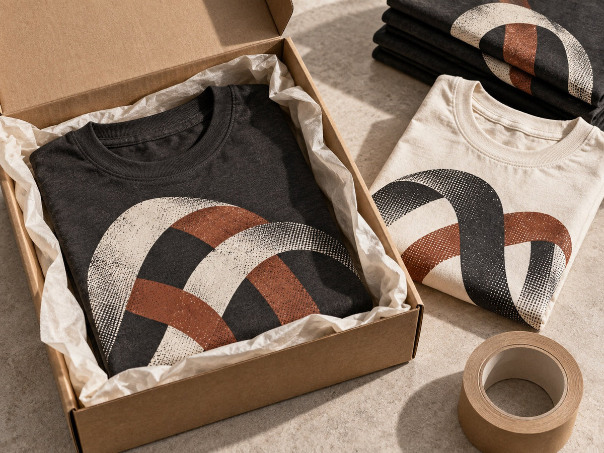 Illustrative editorial artwork of folded graphic tees beside an open kraft mailer, tissue paper, and packing tape.