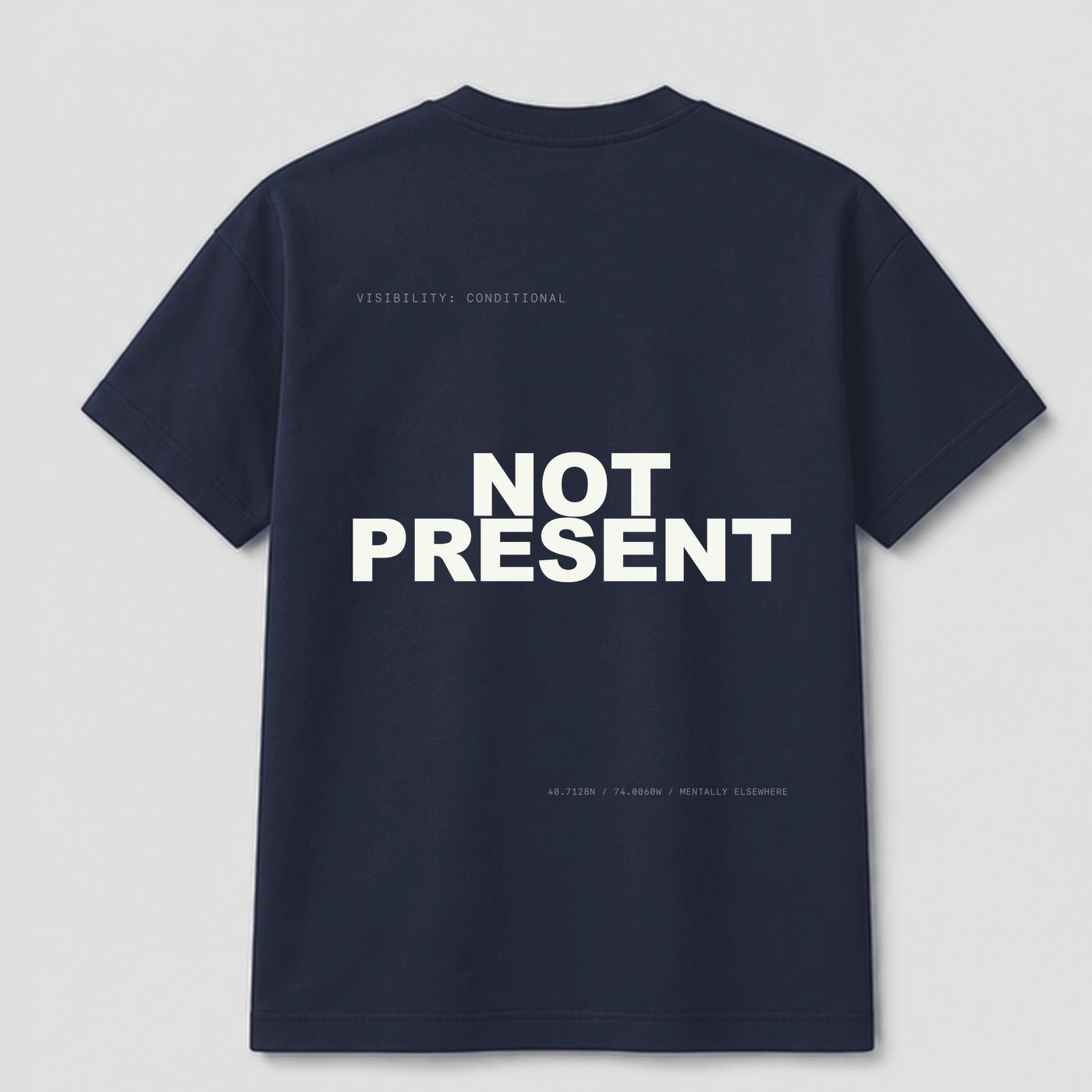 Available But Not Present graphic tee by Threadmates featuring original minimal internet artwork on navy t-shirt, back.
