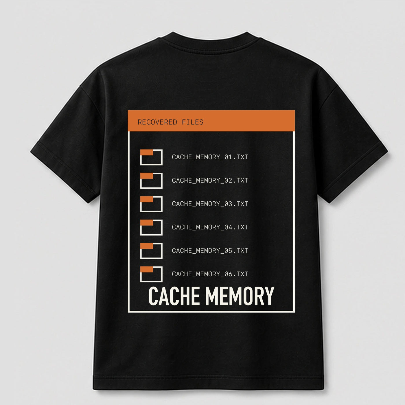 Cache Memory graphic tee by Threadmates featuring original retro tech artwork on black t-shirt, back.
