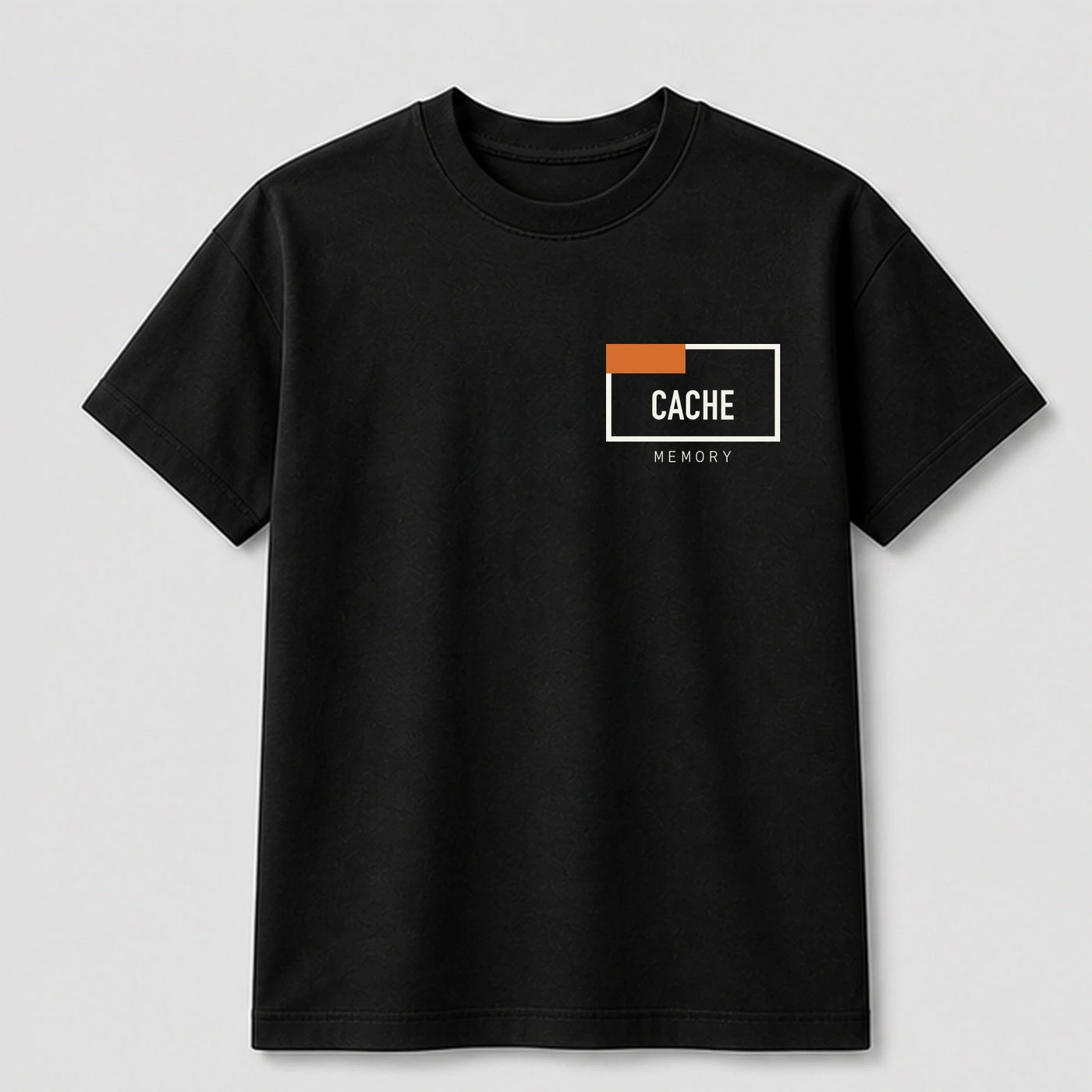 Cache Memory graphic tee by Threadmates featuring original retro tech artwork on black t-shirt, front.