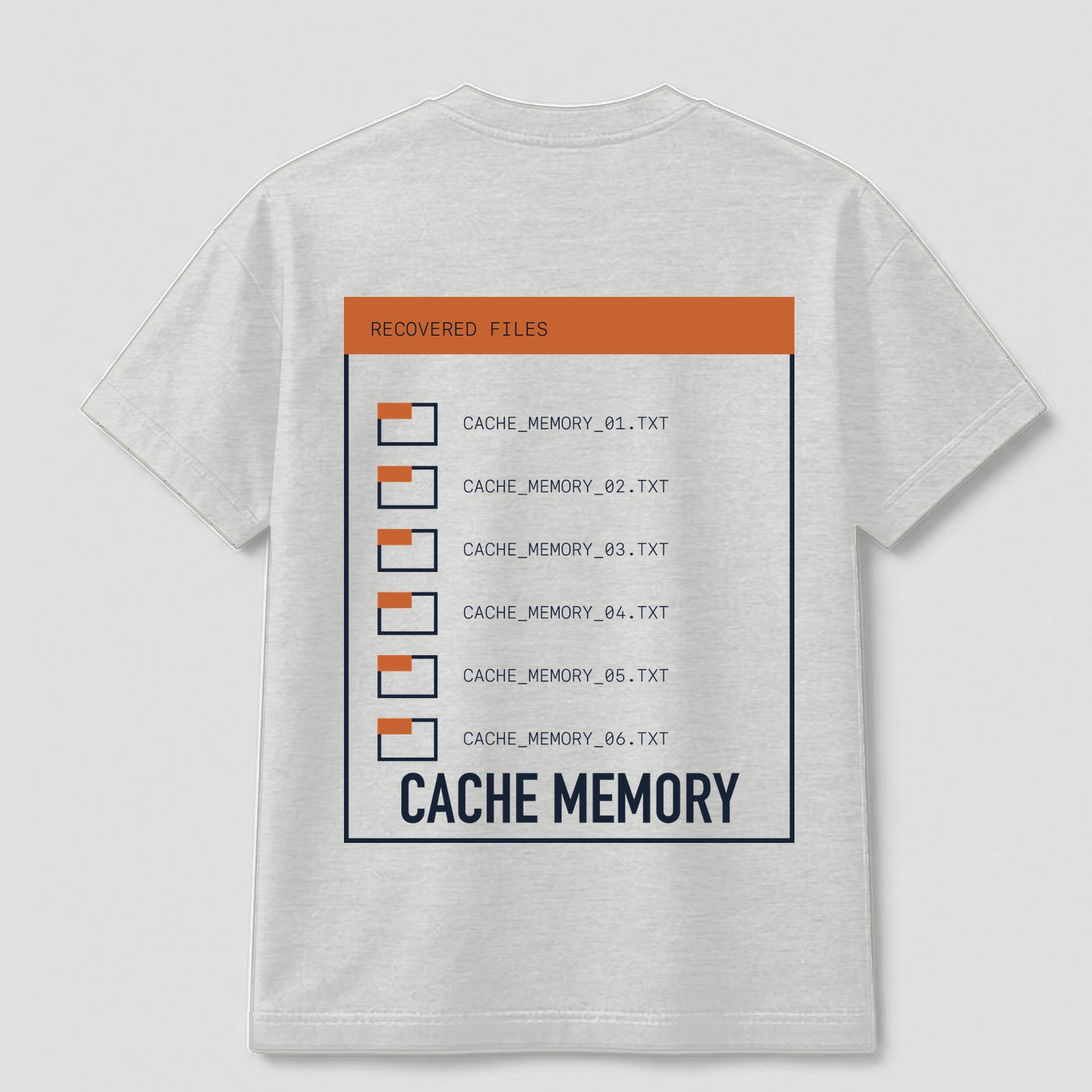Cache Memory graphic tee by Threadmates featuring original retro tech artwork on gray t-shirt, back.