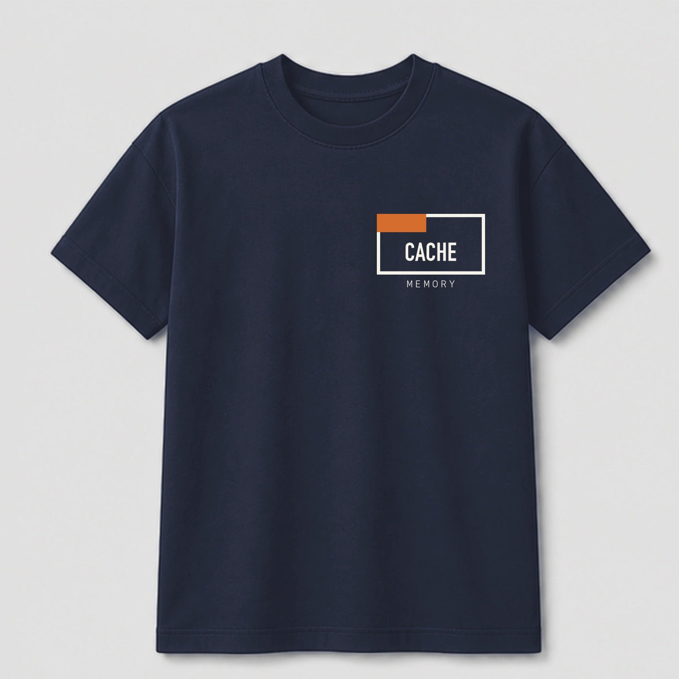 Cache Memory graphic tee by Threadmates featuring original retro tech artwork on navy t-shirt, front.