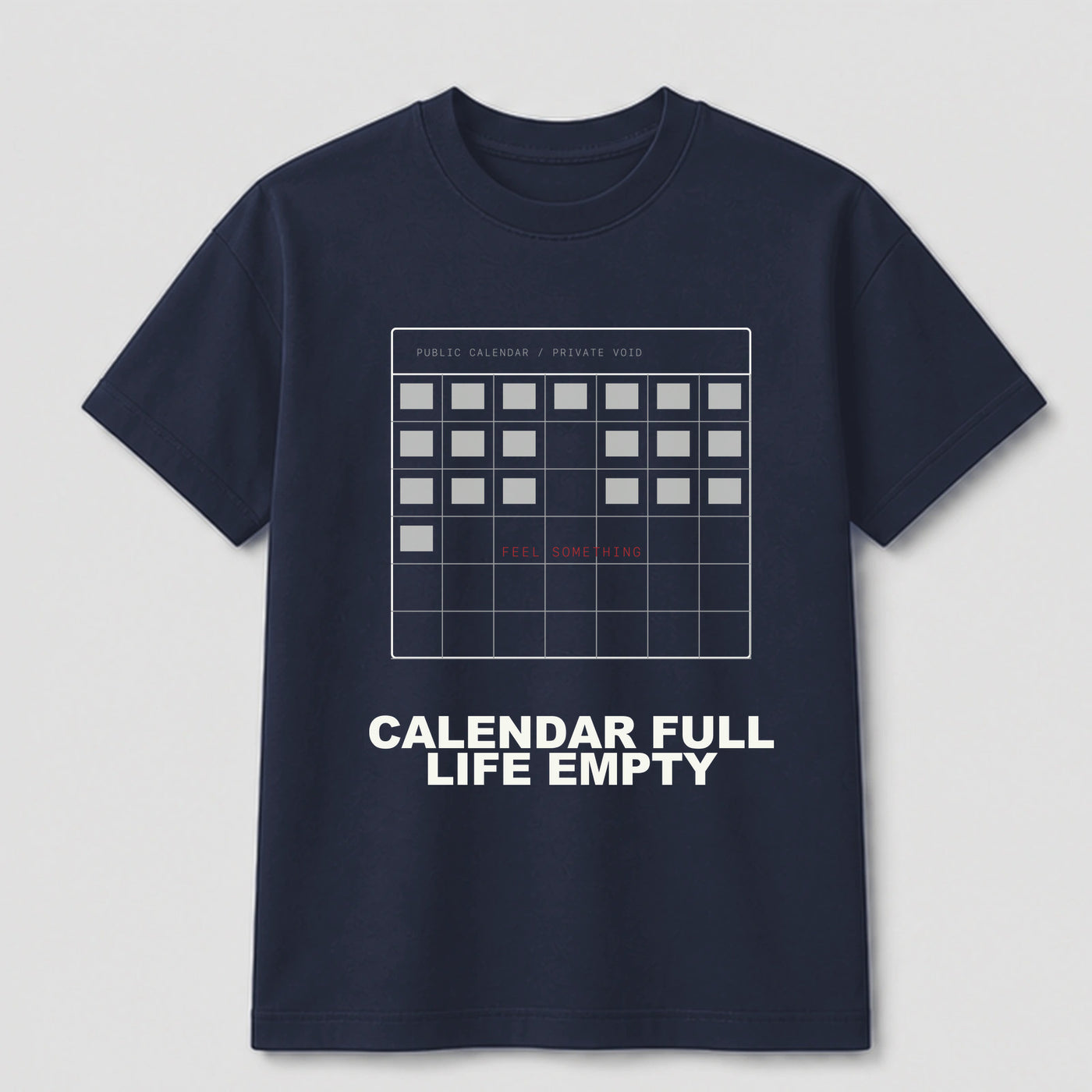 Calendar Full / Life Empty graphic tee by Threadmates featuring original remote work artwork on navy t-shirt, front.