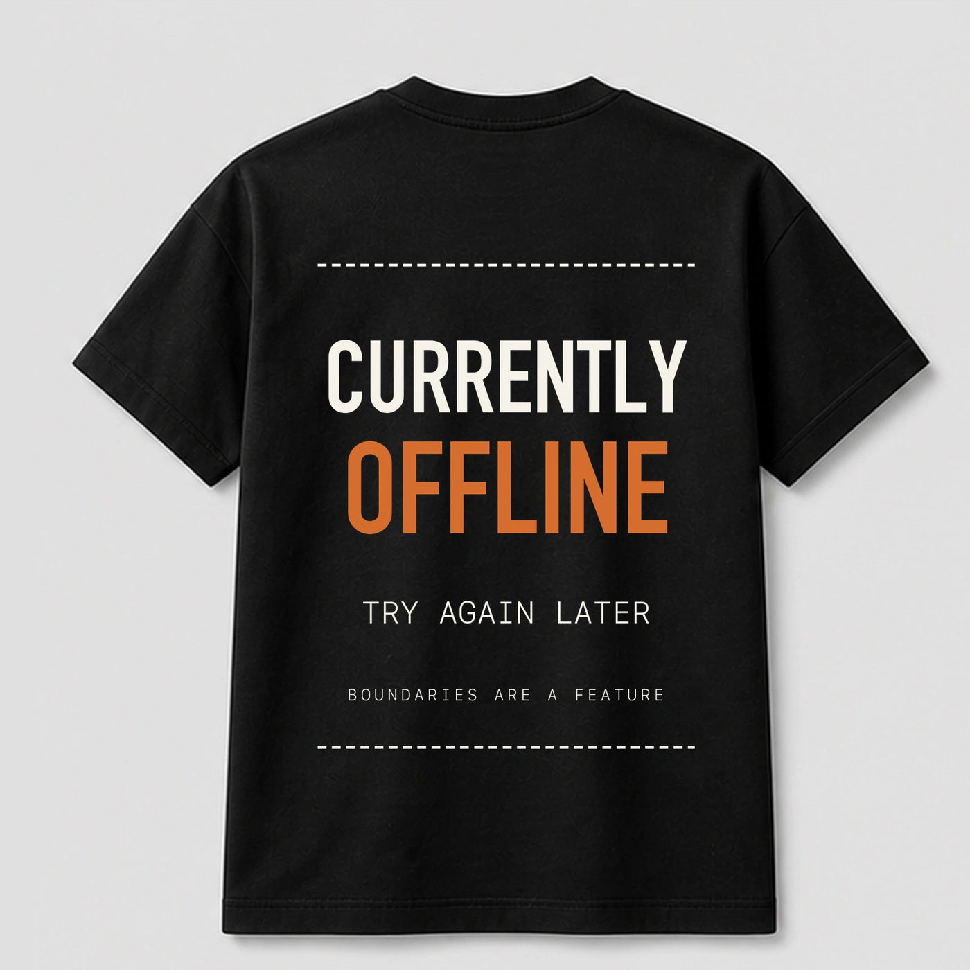 Currently Offline graphic tee by Threadmates featuring original minimal internet artwork on black t-shirt, back.