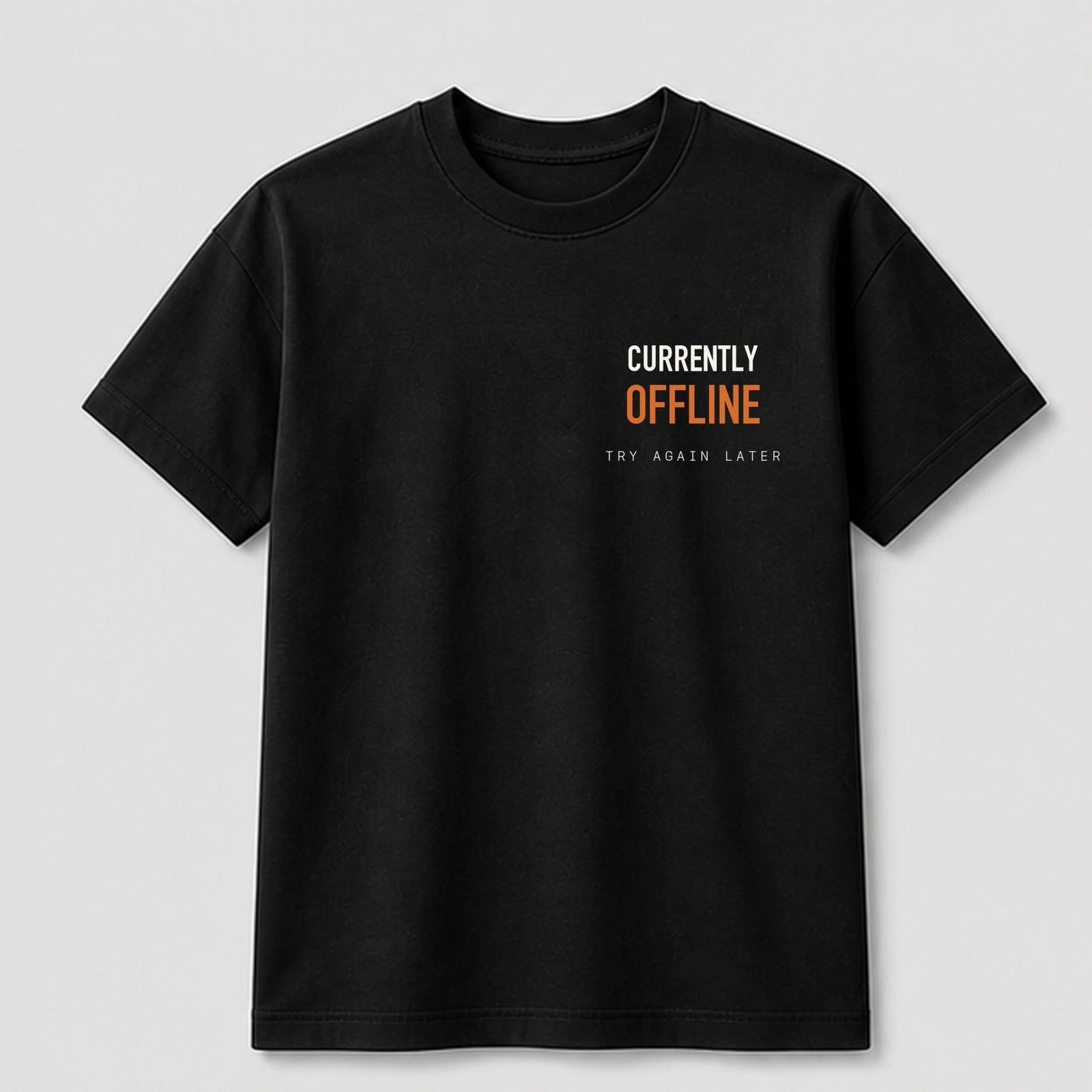 Currently Offline graphic tee by Threadmates featuring original minimal internet artwork on black t-shirt, front.