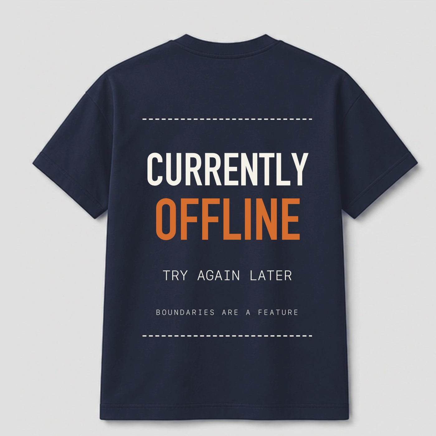 Currently Offline graphic tee by Threadmates featuring original minimal internet artwork on navy t-shirt, back.