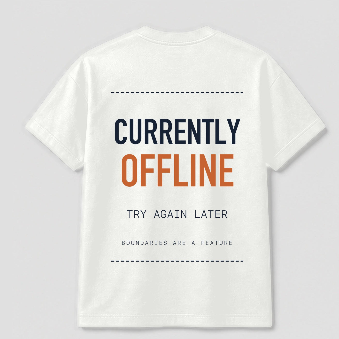 Currently Offline graphic tee by Threadmates featuring original minimal internet artwork on white t-shirt, back.