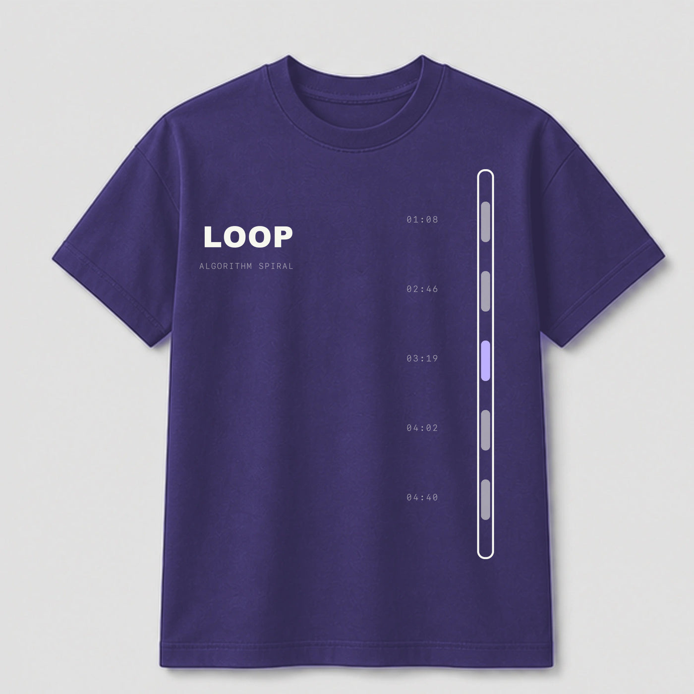 Doomscroll Loop graphic tee by Threadmates featuring original internet culture artwork on purple t-shirt, front.