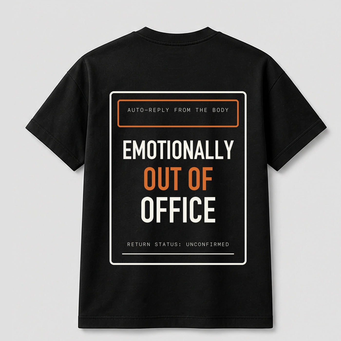 Emotionally Out Of Office graphic tee by Threadmates featuring original remote work artwork on black t-shirt, back.