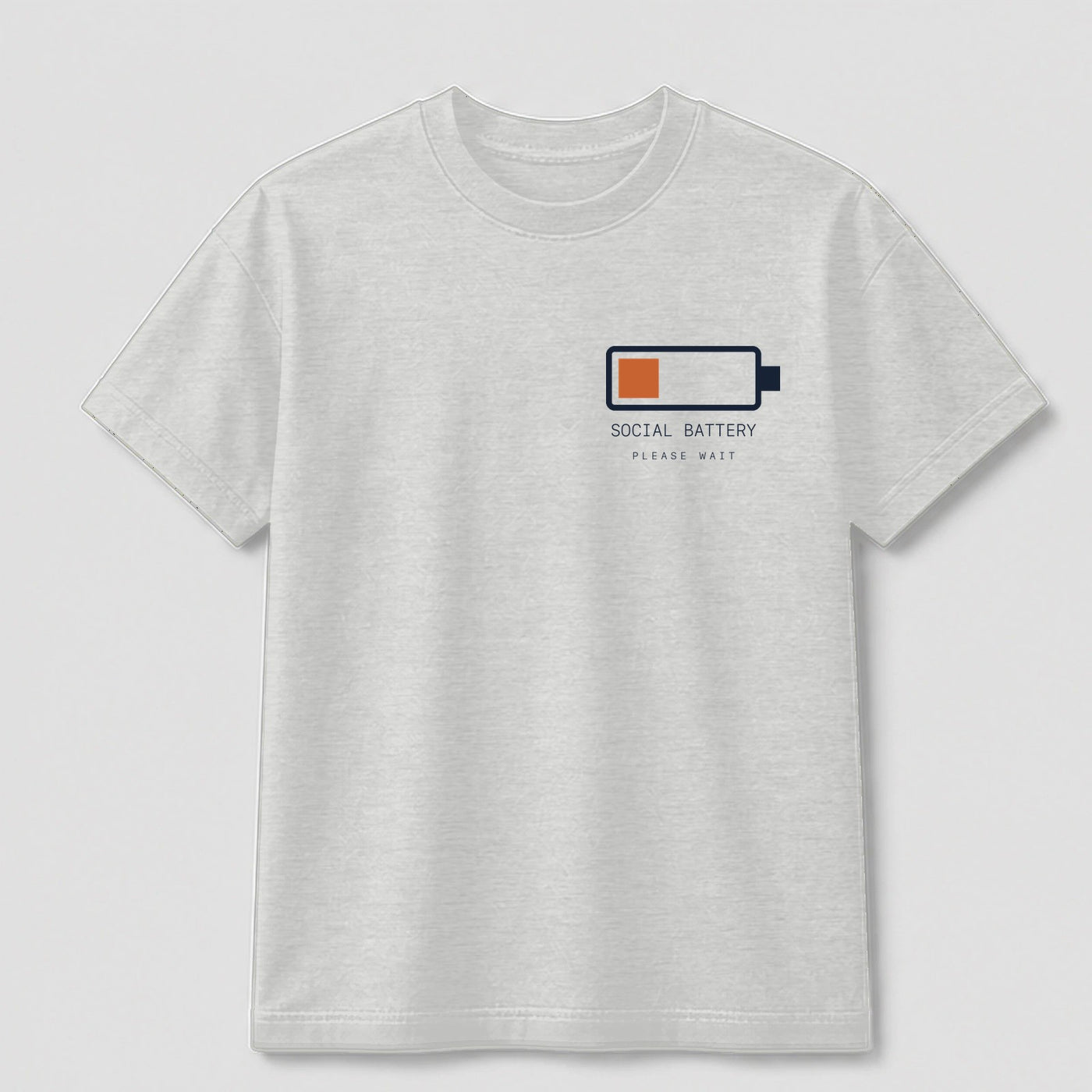 Low Battery Social Club graphic tee by Threadmates featuring original internet culture artwork on gray t-shirt, front.