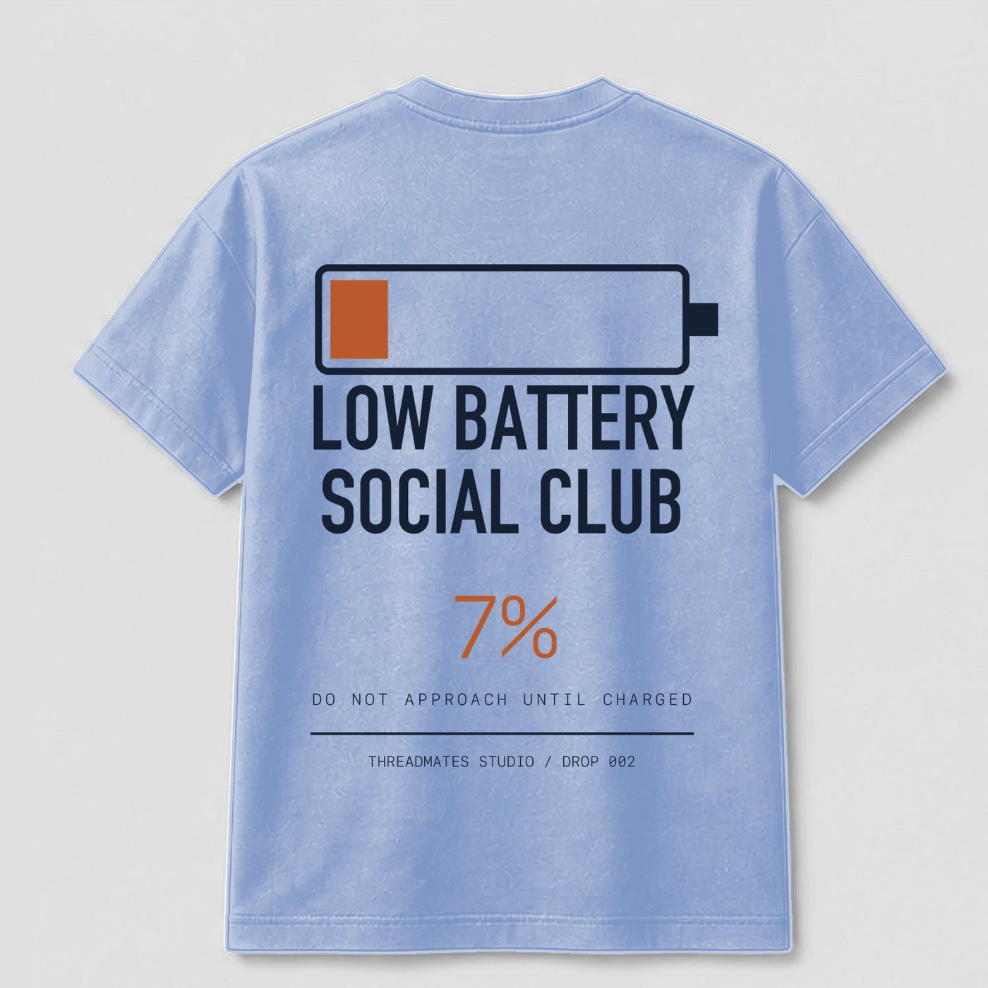 Low Battery Social Club graphic tee by Threadmates featuring original internet culture artwork on light blue t-shirt, back.