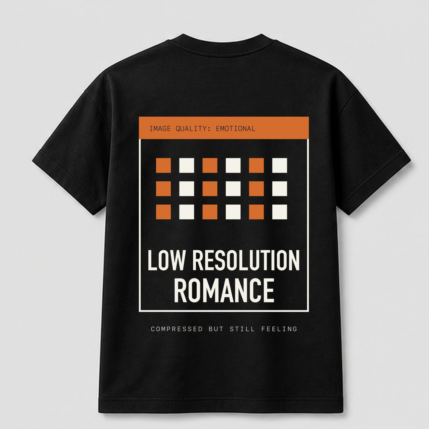 Low Resolution Romance graphic tee by Threadmates featuring original digital nostalgia artwork on black t-shirt, back.