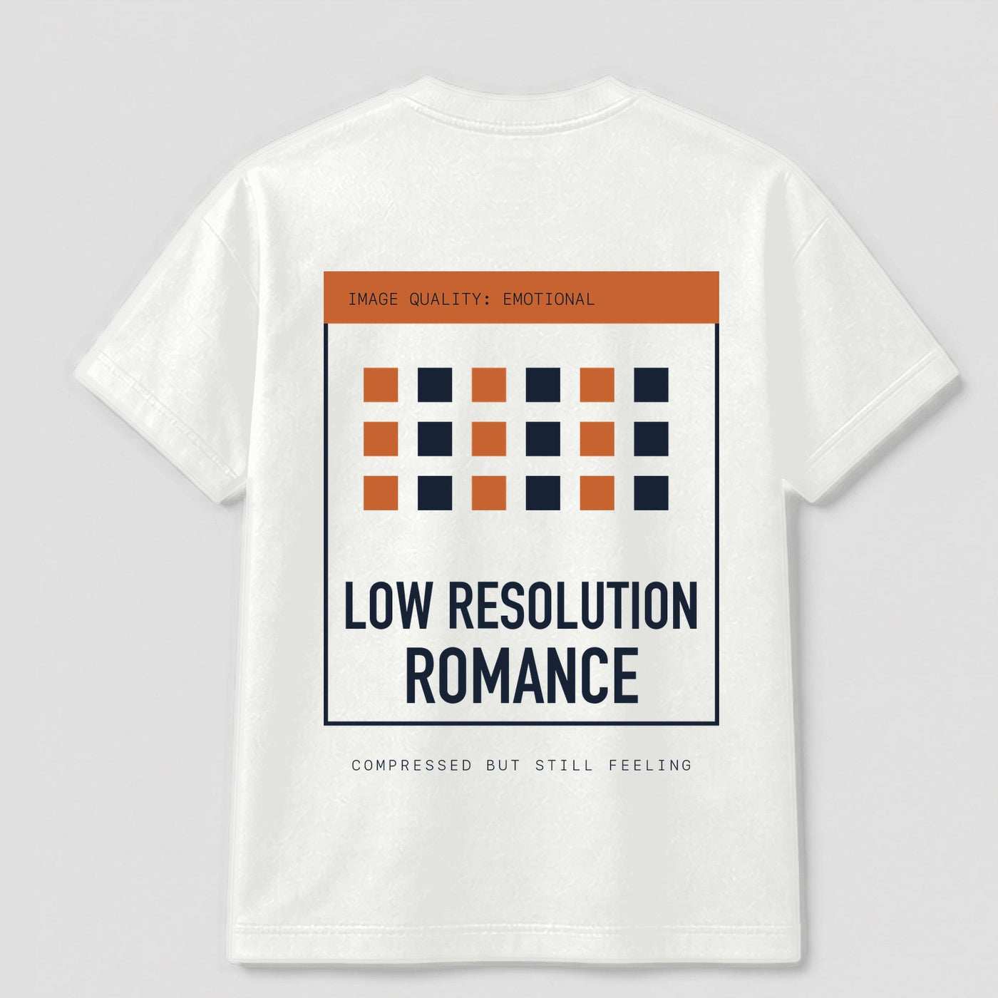 Low Resolution Romance graphic tee by Threadmates featuring original digital nostalgia artwork on white t-shirt, back.