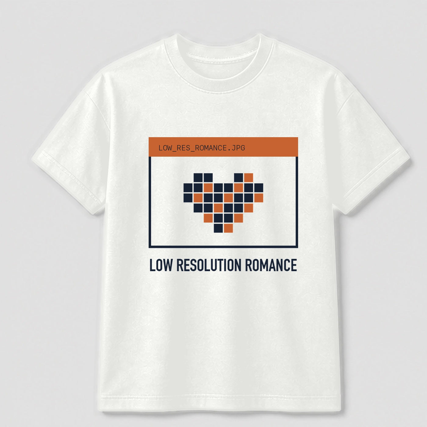 Low Resolution Romance graphic tee by Threadmates featuring original digital nostalgia artwork on white t-shirt, front.