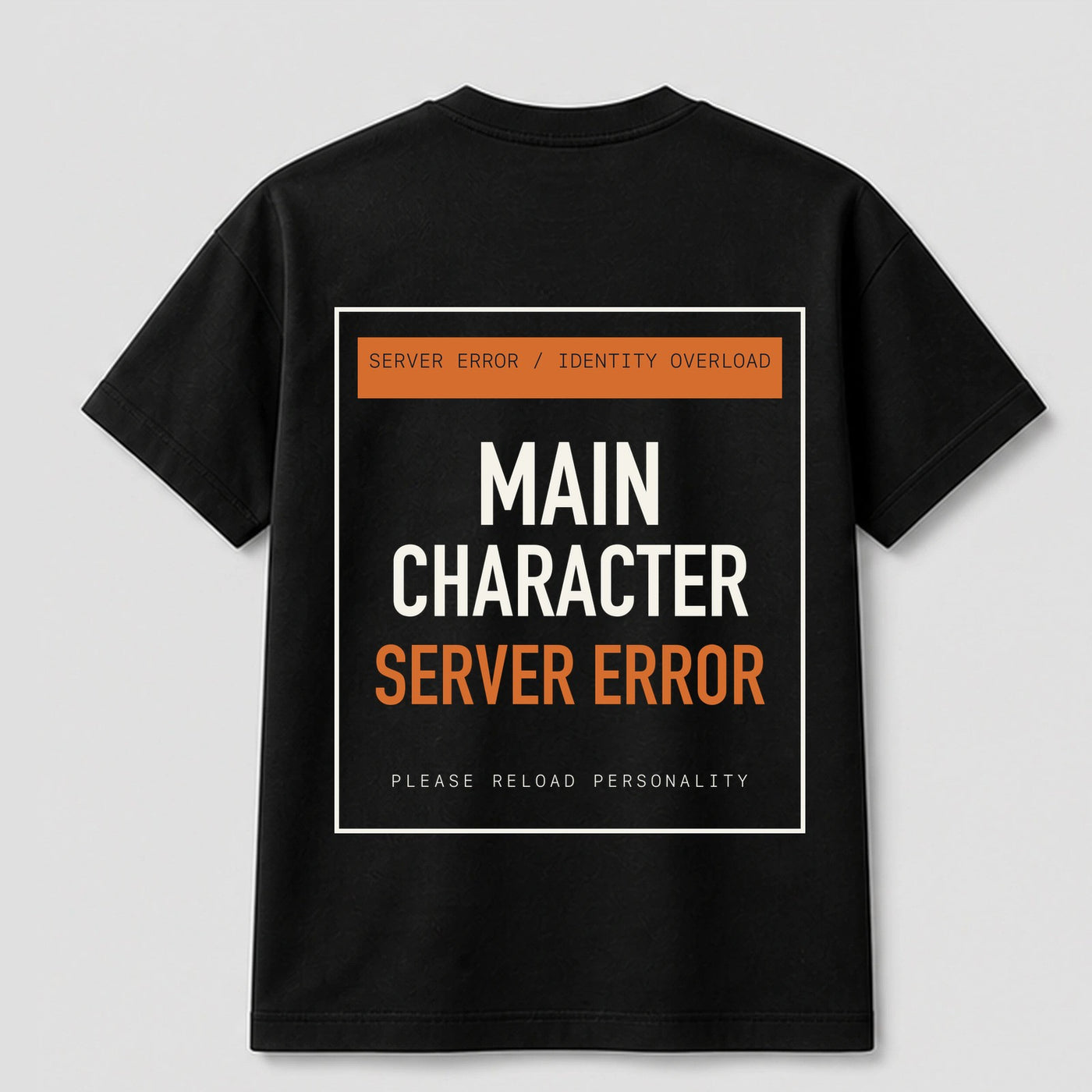 Main Character Server Error graphic tee by Threadmates featuring original system error artwork on black t-shirt, back.
