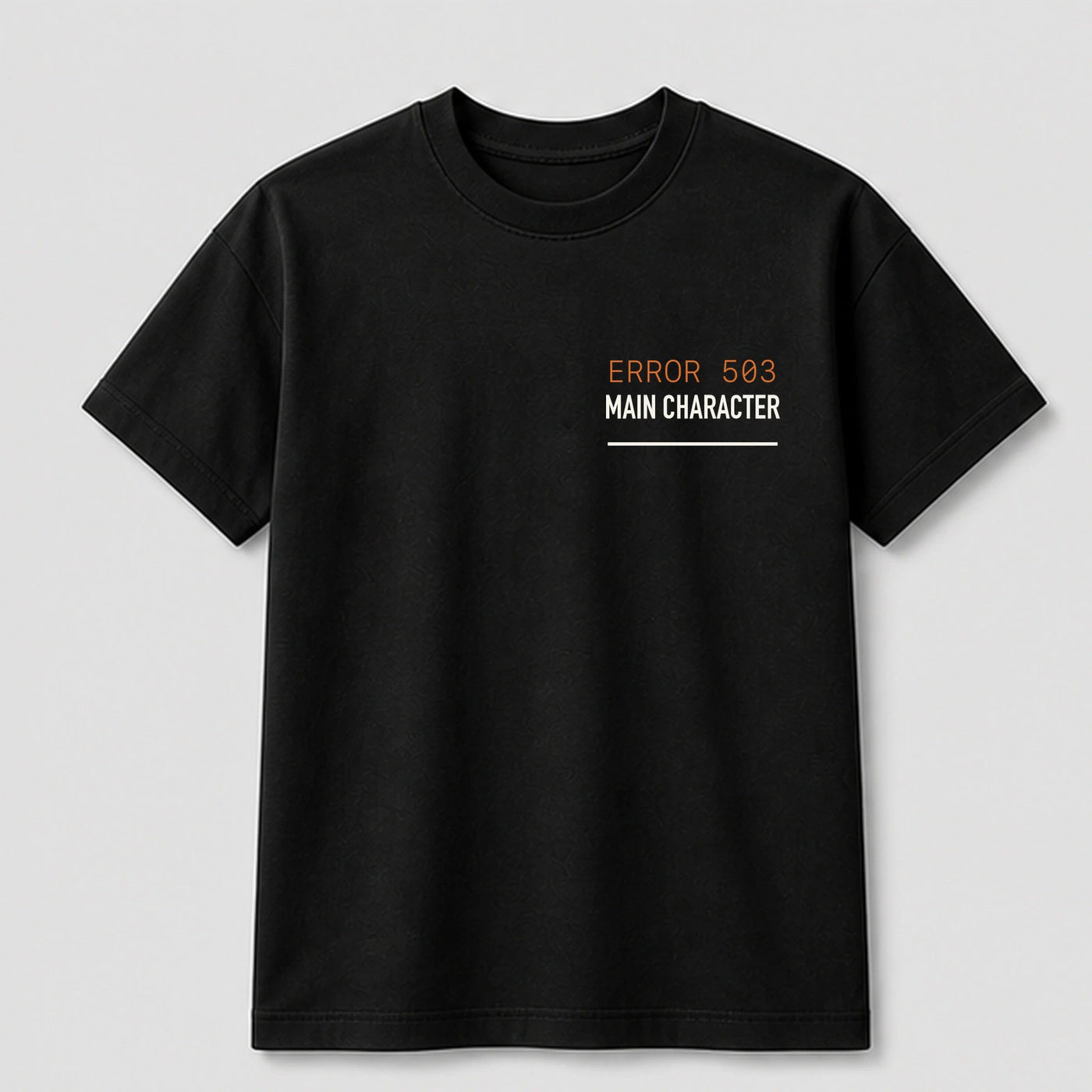 Main Character Server Error graphic tee by Threadmates featuring original system error artwork on black t-shirt, front.