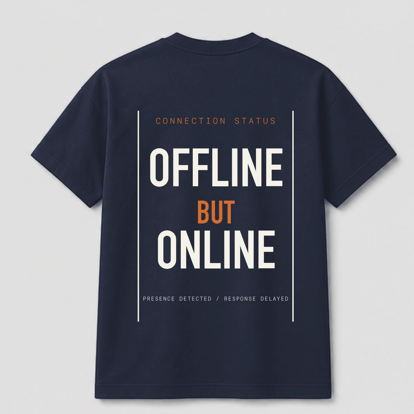 Offline But Online graphic tee by Threadmates featuring original internet culture artwork on navy t-shirt, back.