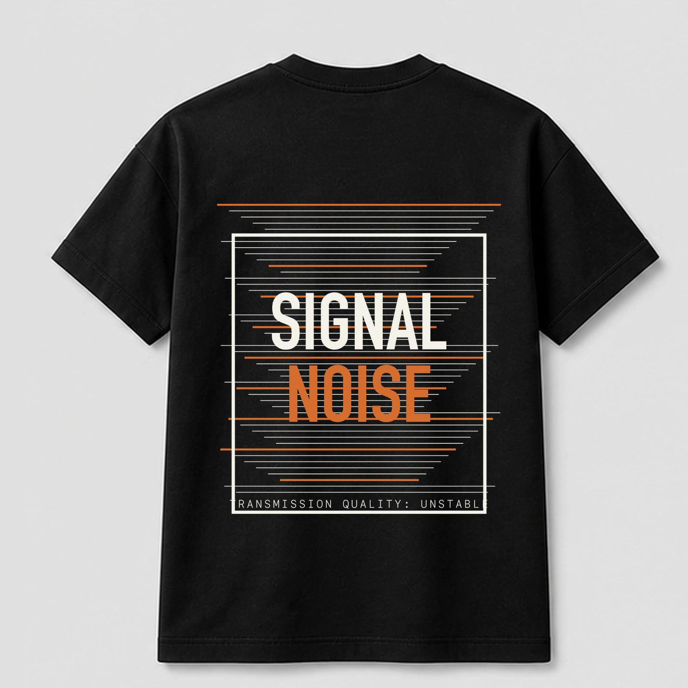 Signal Noise graphic tee by Threadmates featuring original system error artwork on black t-shirt, back.