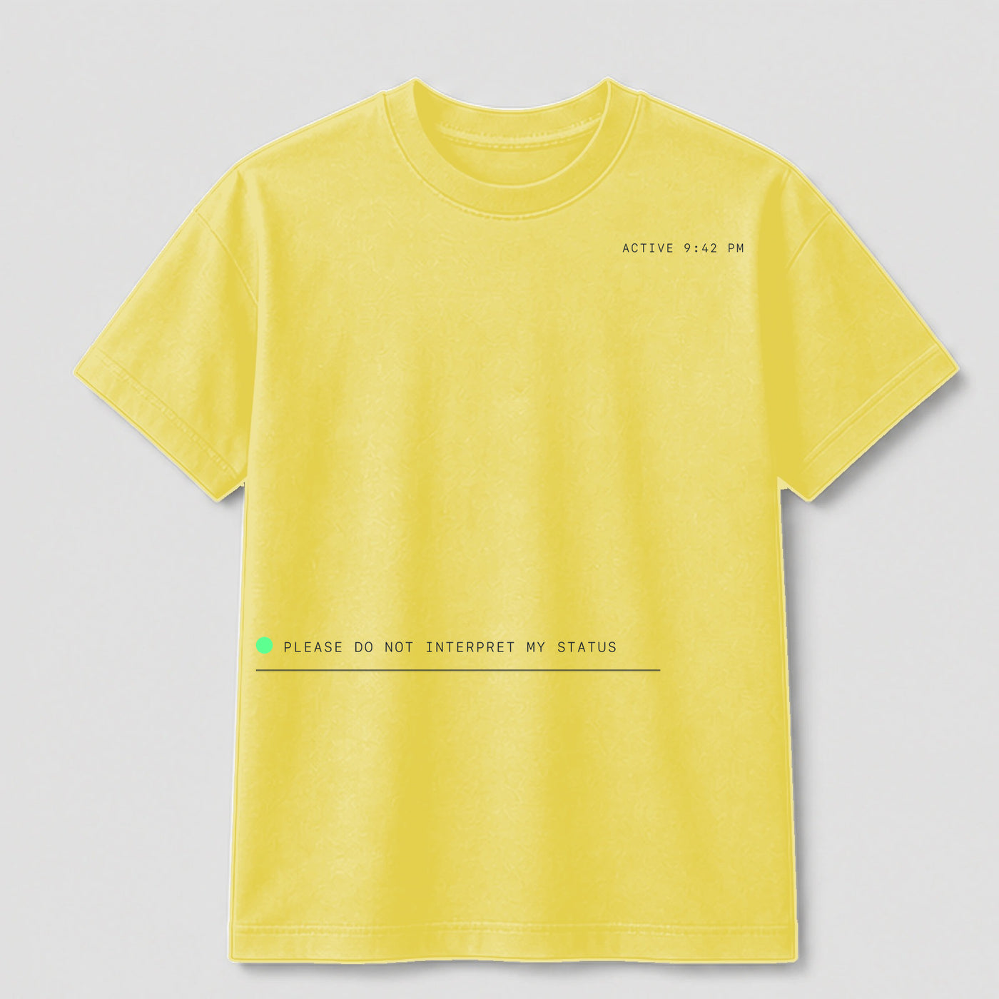 Slack Dot Anxiety graphic tee by Threadmates featuring original remote work artwork on yellow t-shirt, front.