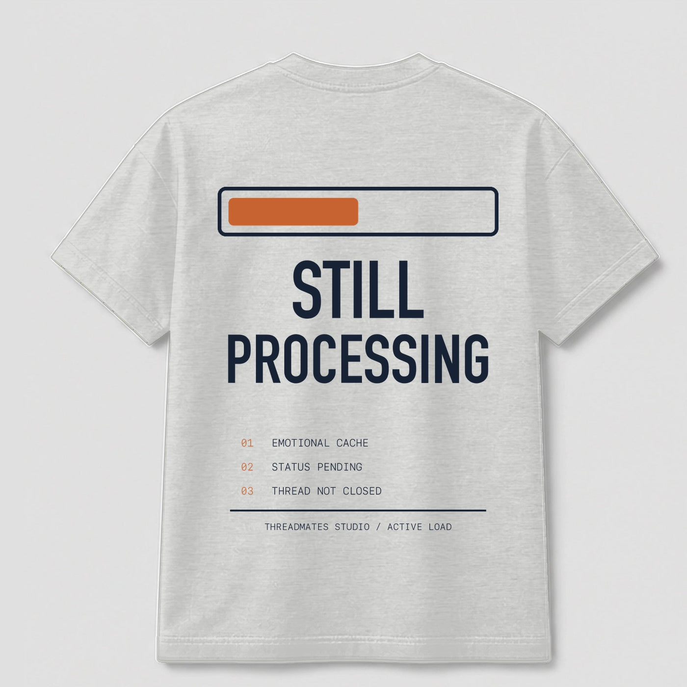Still Processing graphic tee by Threadmates featuring original internet culture artwork on gray t-shirt, back.