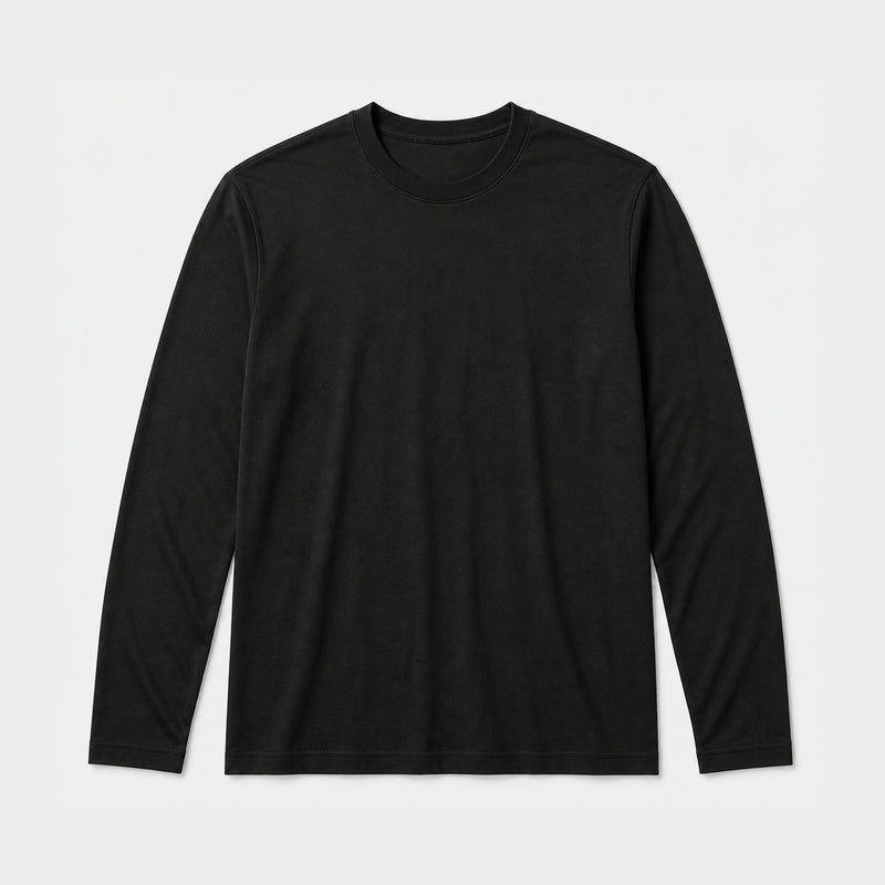 Custom Long Sleeve by Threadmates showing a blank long sleeve tee in black, front.