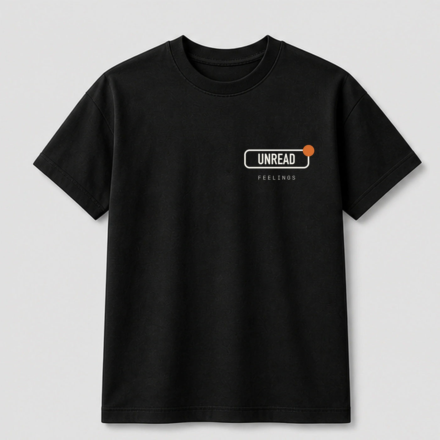 Unread Feelings graphic tee by Threadmates featuring original internet culture artwork on black t-shirt, front.