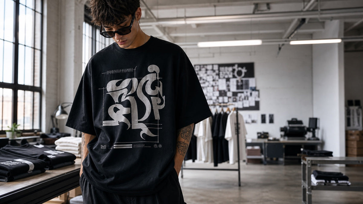 Model wearing oversized black typography graphic tee in an industrial apparel studio