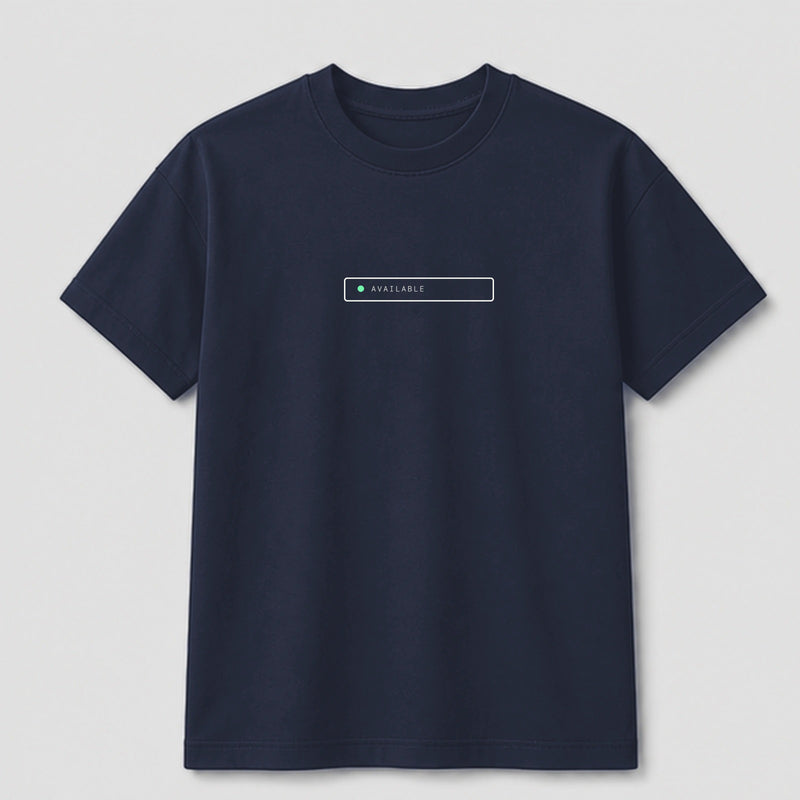 Available But Not Present graphic tee by Threadmates featuring original minimal internet artwork on navy t-shirt, front.