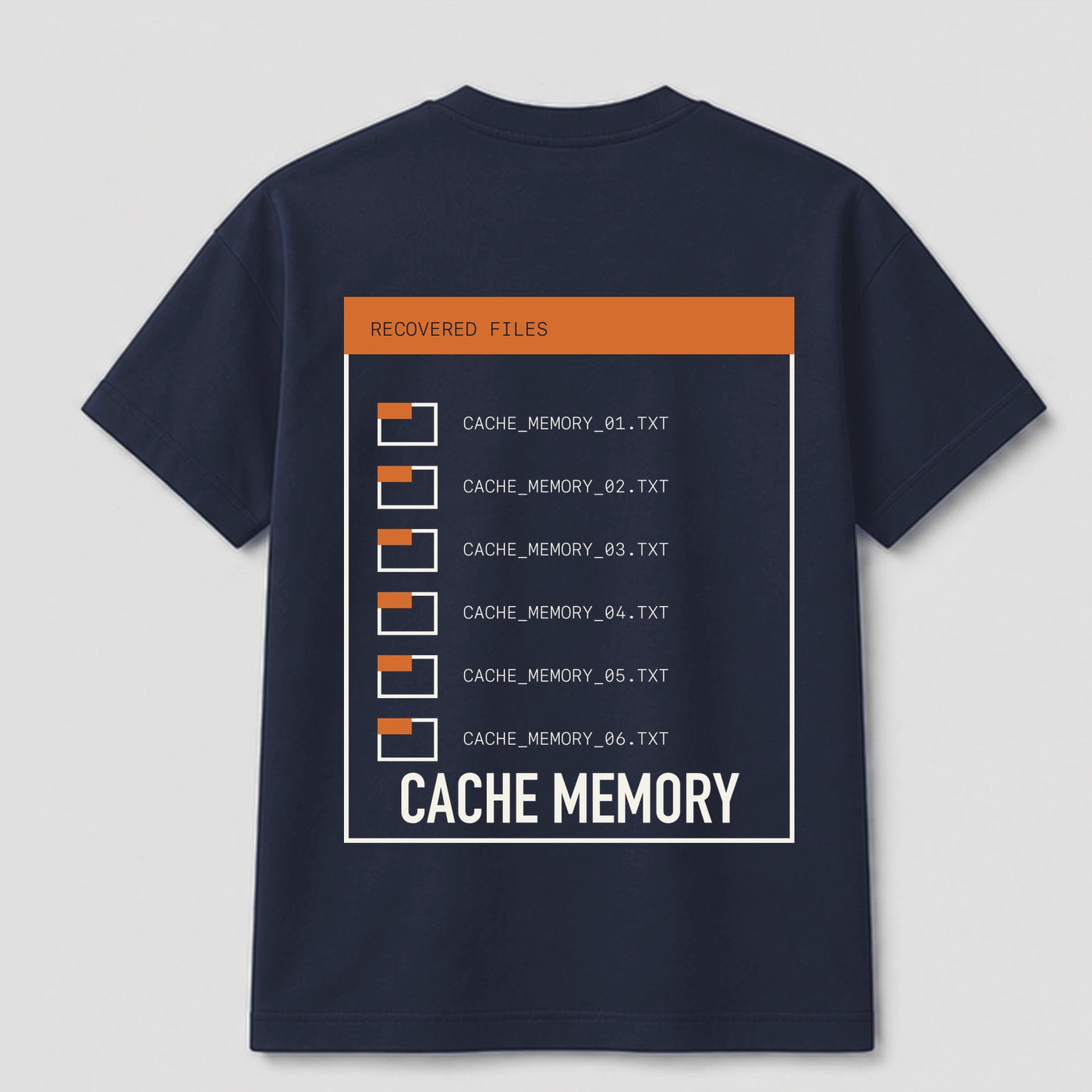 Cache Memory graphic tee by Threadmates featuring original retro tech artwork on navy t-shirt, back.