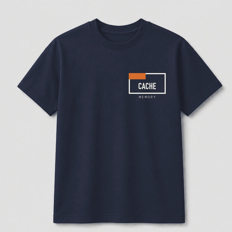 Cache Memory graphic tee by Threadmates featuring original retro tech artwork on navy t-shirt, front.