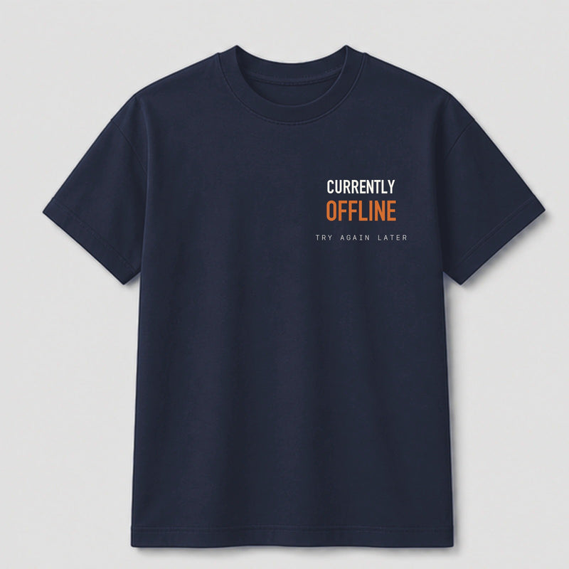 Currently Offline graphic tee by Threadmates featuring original minimal internet artwork on navy t-shirt, front.