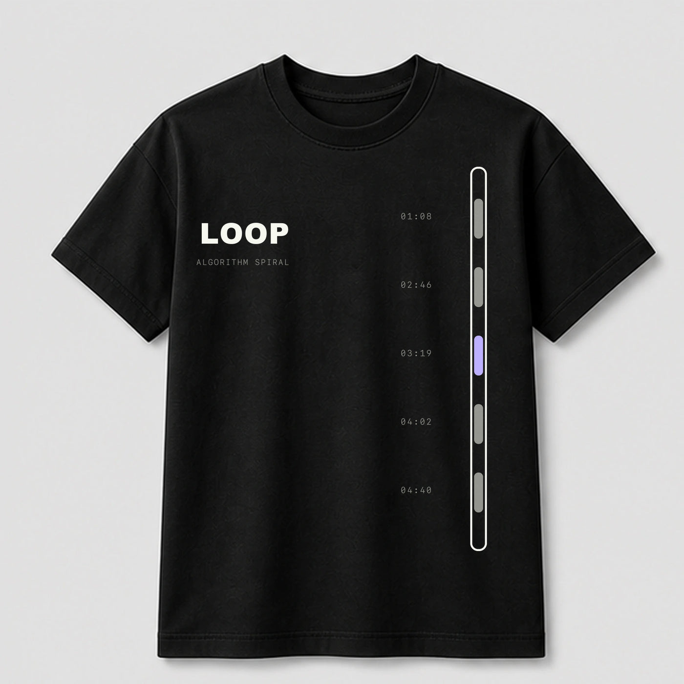 Doomscroll Loop graphic tee by Threadmates featuring original internet culture artwork on black t-shirt, front.