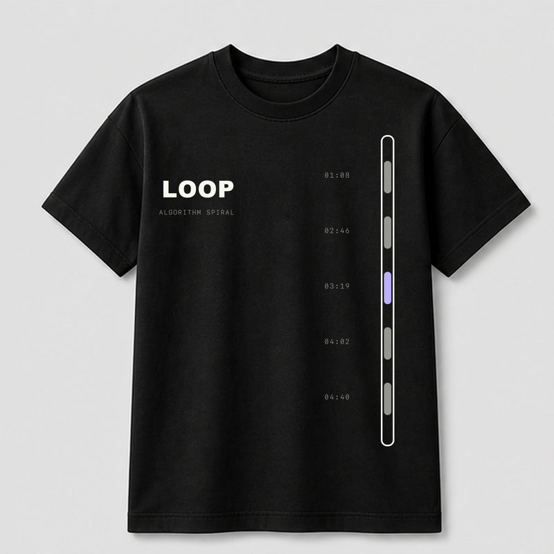 Doomscroll Loop graphic tee by Threadmates featuring original internet culture artwork on black t-shirt, front.