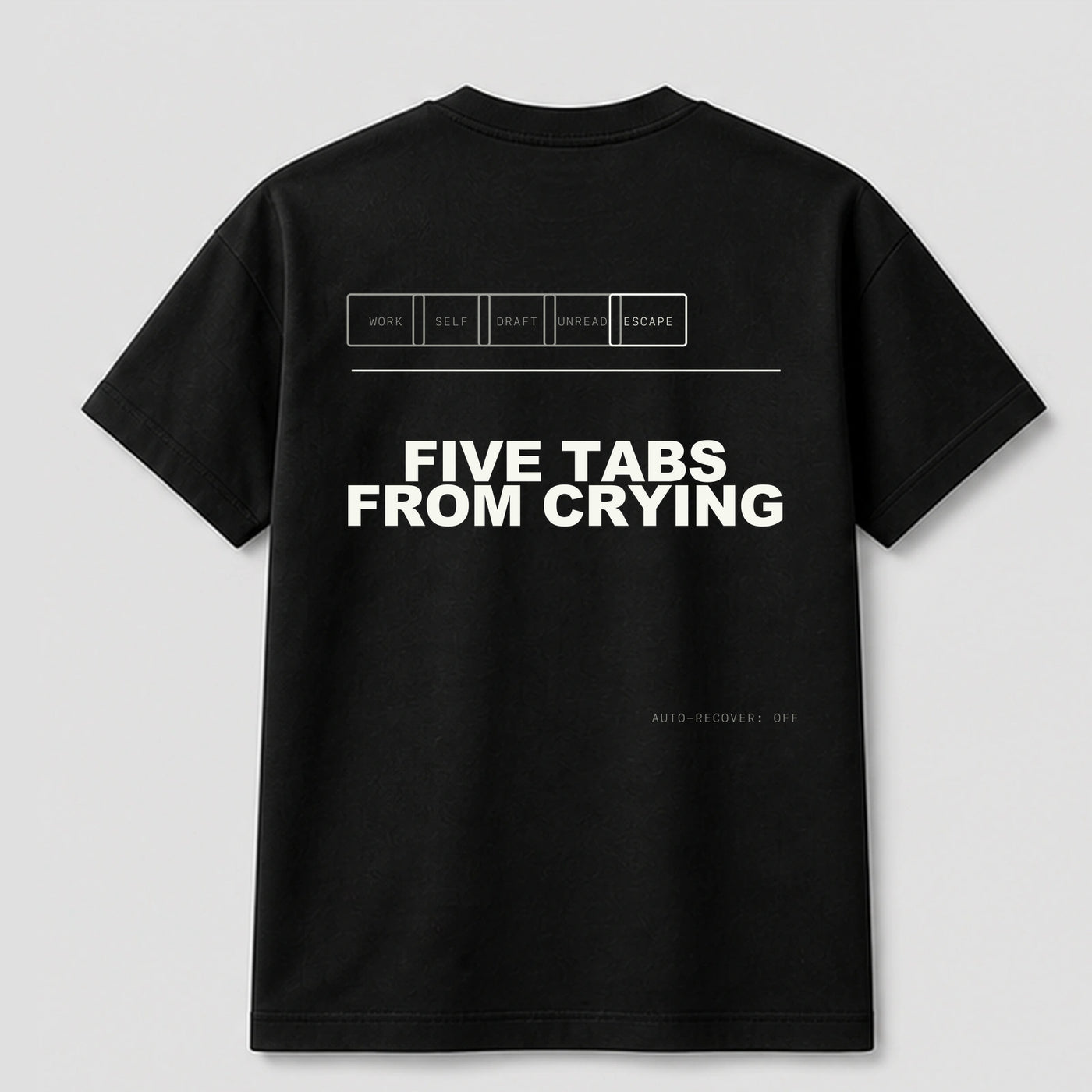 Five Tabs From Crying graphic tee by Threadmates featuring original digital burnout artwork on black t-shirt, back.