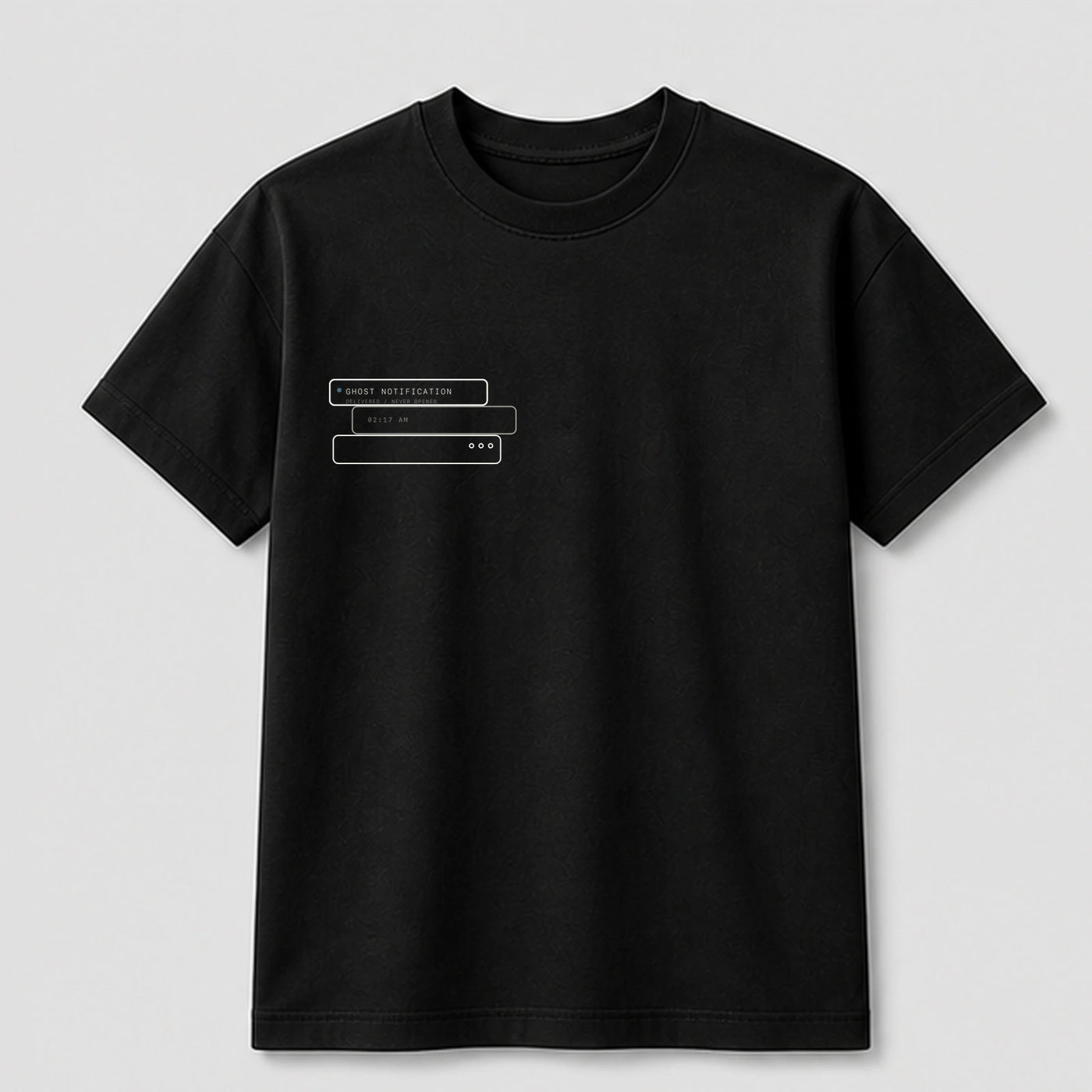 Ghost Notification graphic tee by Threadmates featuring original internet culture artwork on black t-shirt, front.