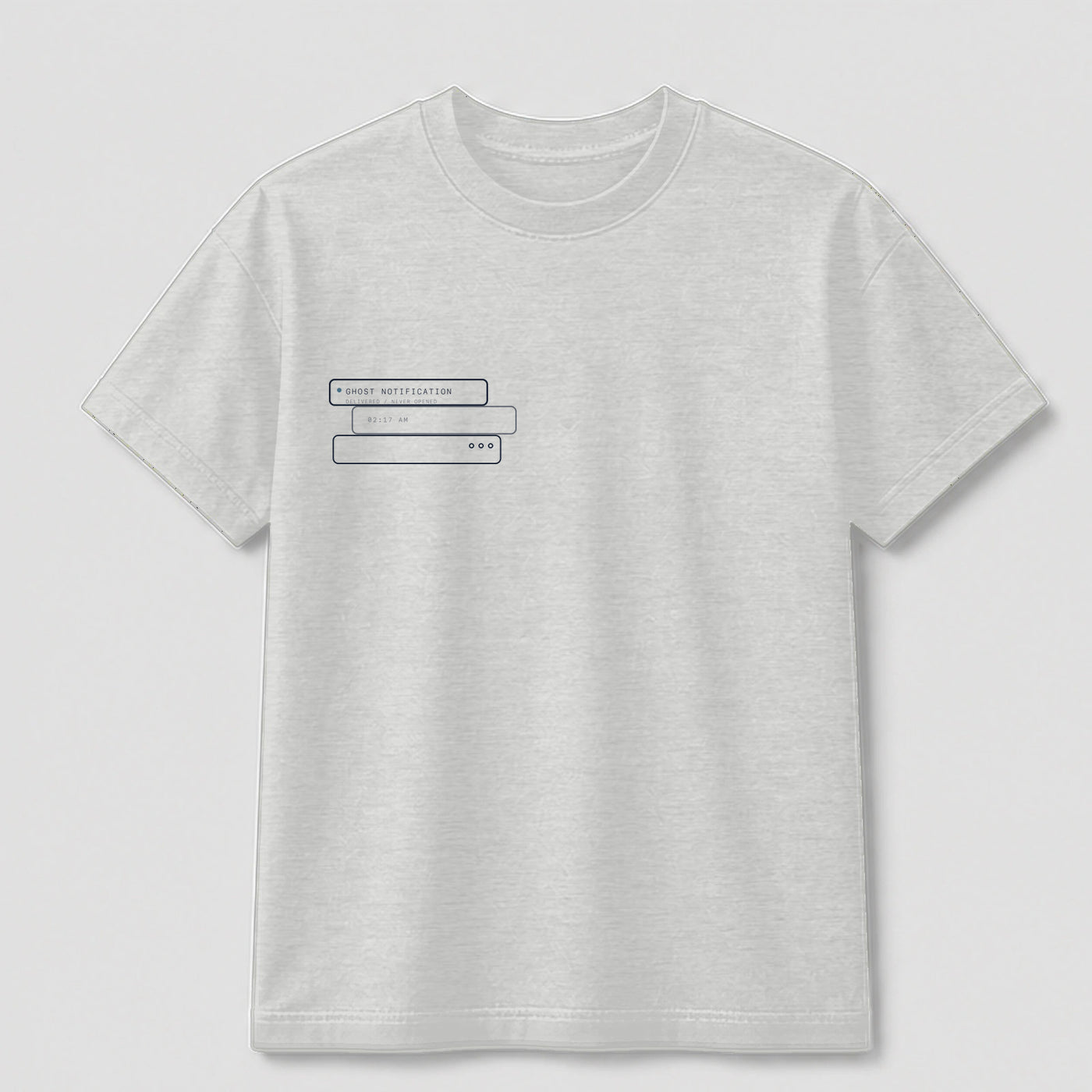 Ghost Notification graphic tee by Threadmates featuring original internet culture artwork on gray t-shirt, front.
