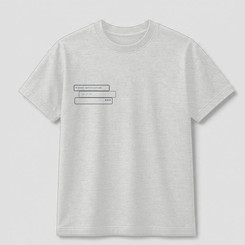 Ghost Notification graphic tee by Threadmates featuring original internet culture artwork on gray t-shirt, front.