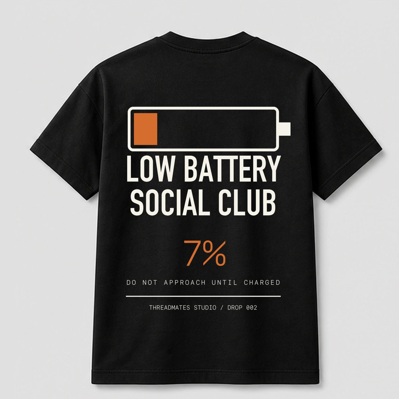 Low Battery Social Club graphic tee by Threadmates featuring original internet culture artwork on black t-shirt, back.
