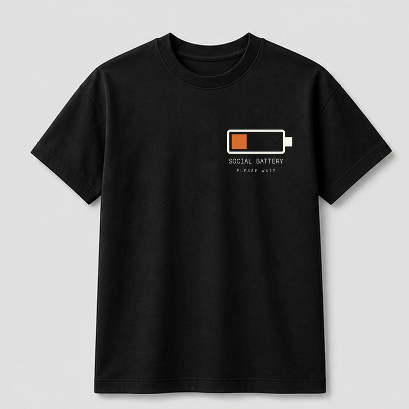 Low Battery Social Club graphic tee by Threadmates featuring original internet culture artwork on black t-shirt, front.