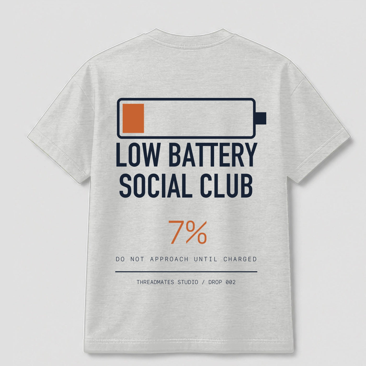 Low Battery Social Club graphic tee by Threadmates featuring original internet culture artwork on gray t-shirt, back.
