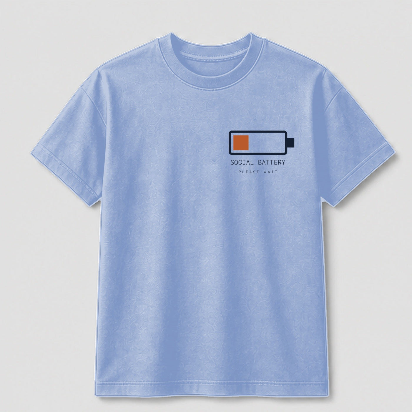 Low Battery Social Club graphic tee by Threadmates featuring original internet culture artwork on light blue t-shirt, front.