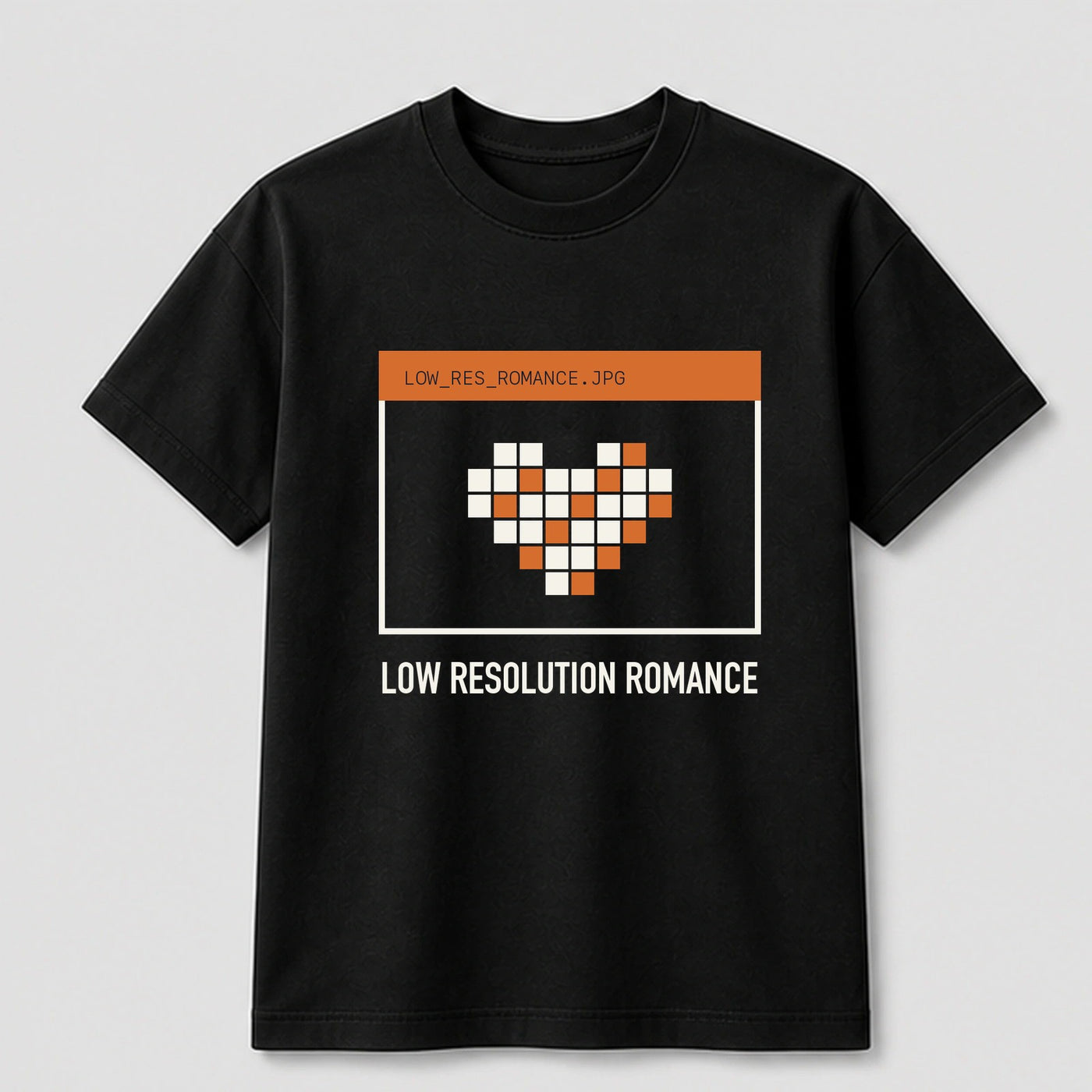 Low Resolution Romance graphic tee by Threadmates featuring original digital nostalgia artwork on black t-shirt, front.