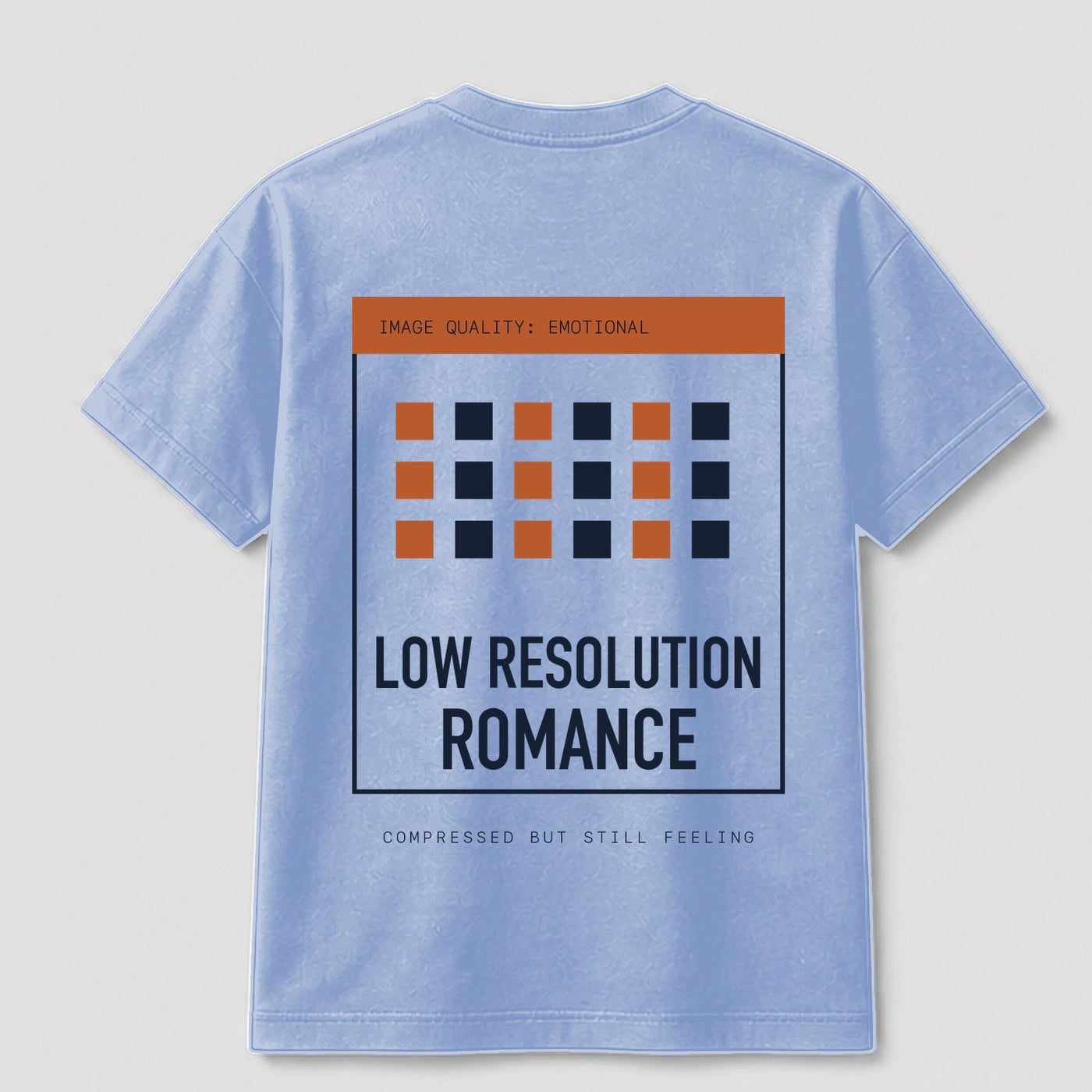 Low Resolution Romance graphic tee by Threadmates featuring original digital nostalgia artwork on light blue t-shirt, back.