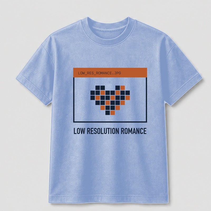 Low Resolution Romance graphic tee by Threadmates featuring original digital nostalgia artwork on light blue t-shirt, front.